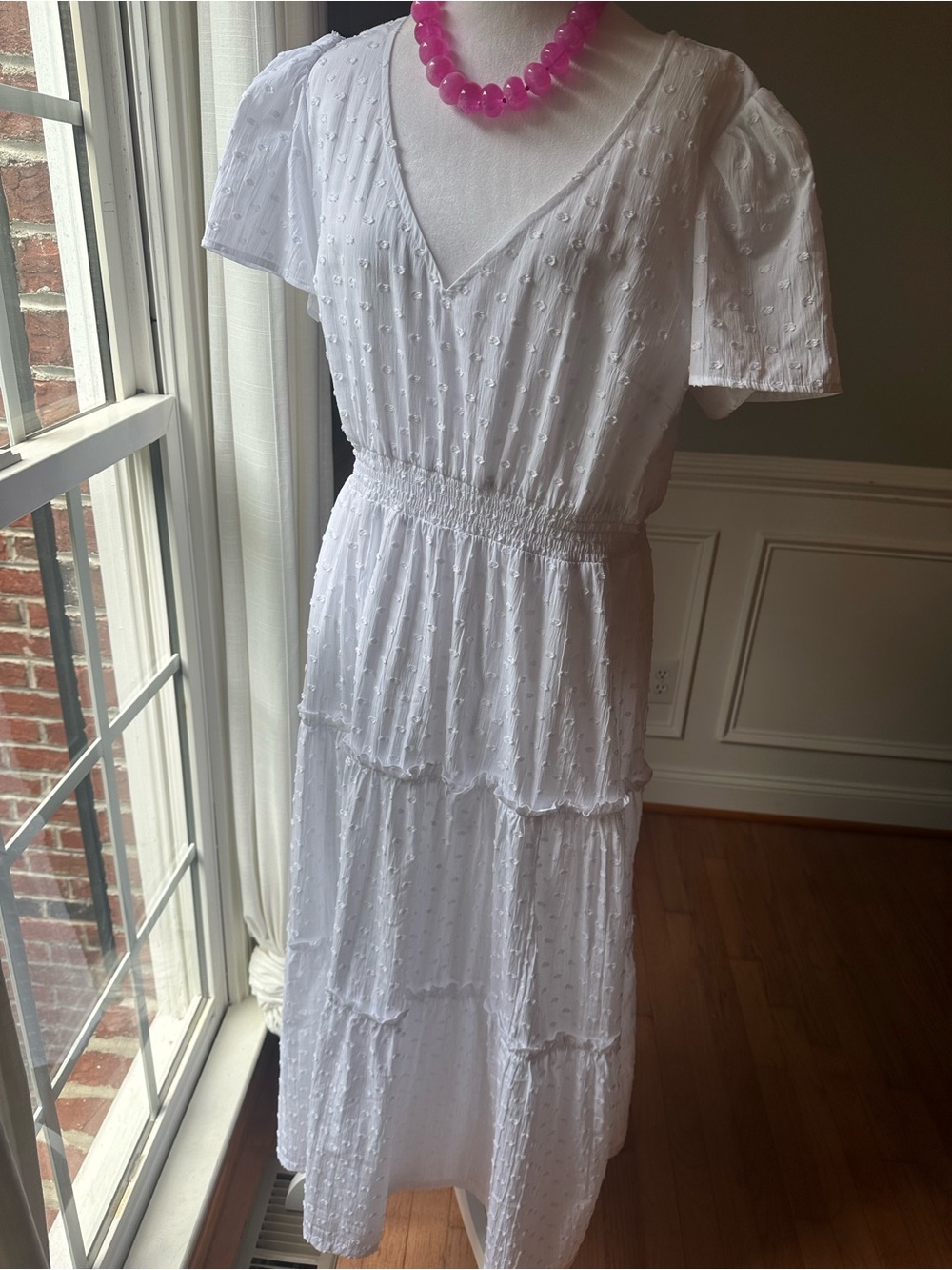Chelsea28 White Swiss Dot Tiered V‑Neck Midi Dress
